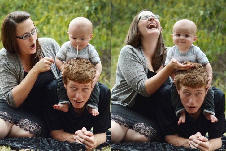 fotografía de cómo un niño vomita sobre la cabeza de su padre 