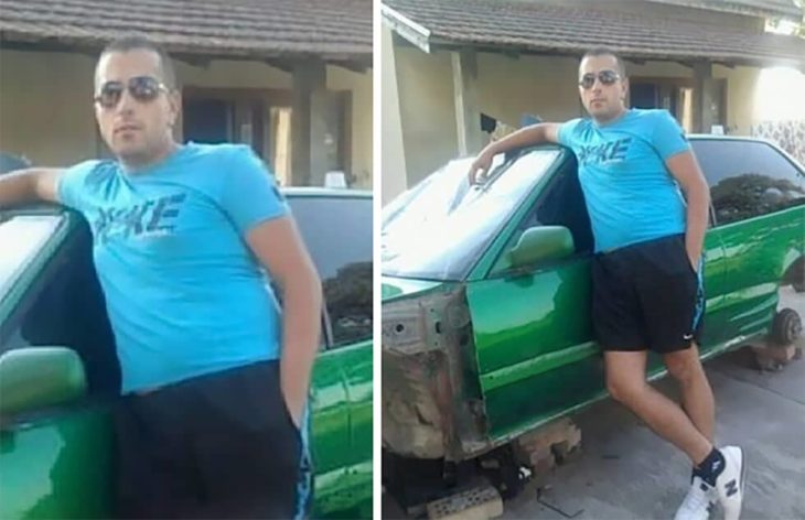 Fotos recortadas: Un hombre posando frente a un carro verde, en la foto completa se ve el carro desmantelado