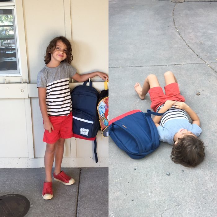 Niño antes de la escuela feliz, después triado en el piso