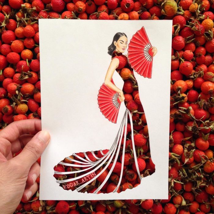ilustración mujer con vestido hecho de frutos rojos