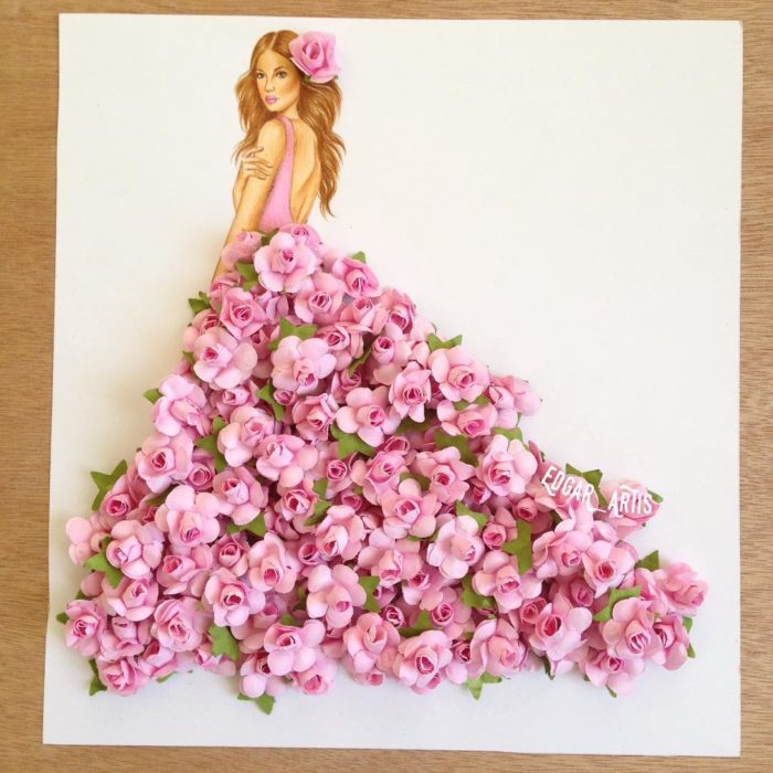 ilustración de mujer con vestido y florecillas 