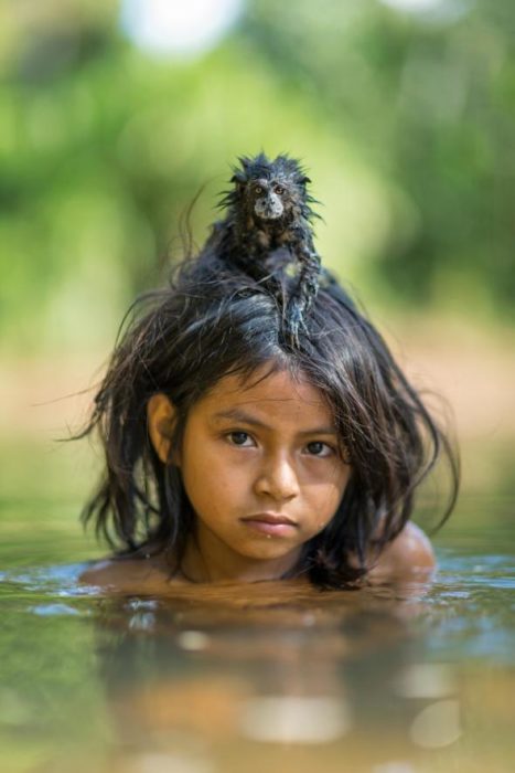 primate sobre la cabeza de una niña en un río