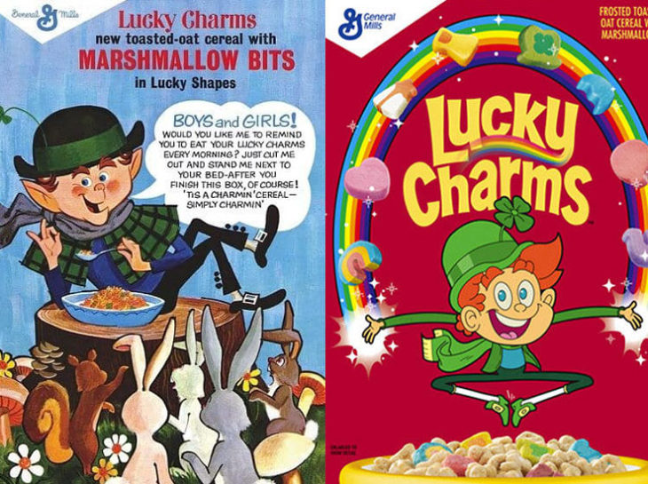 lucky charms arcoiris duende empaque vintage personajes de la caja antes y después